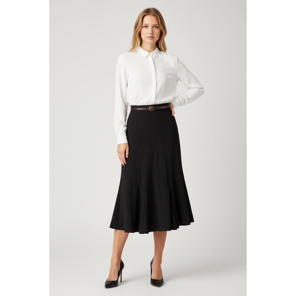 Bliss & Company Black Tiered Flared Midi Skirt Size Large Professional Career‎